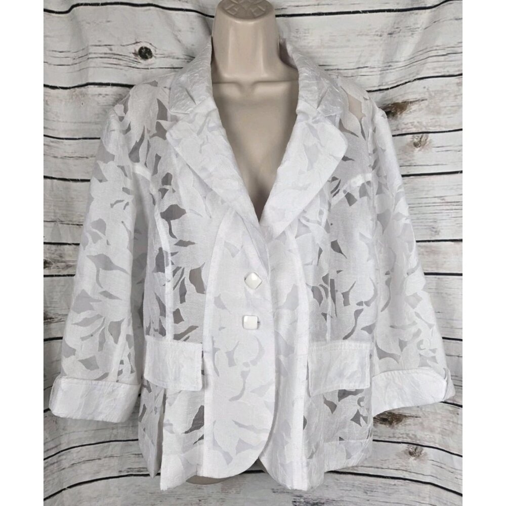 Clara Sun Woo White Floral Burnout Jacket XL Lagenlook Artsy Womens Button - Picture 1 of 7